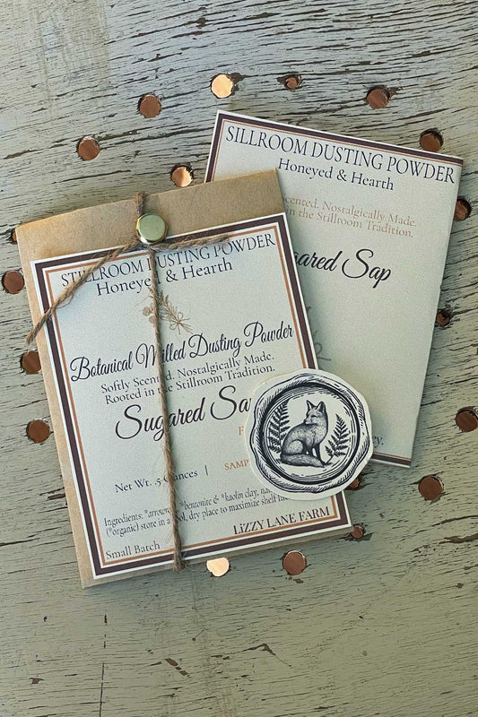 Sample size sugared sap dusting powder, seasonal scented with archival series introduction card