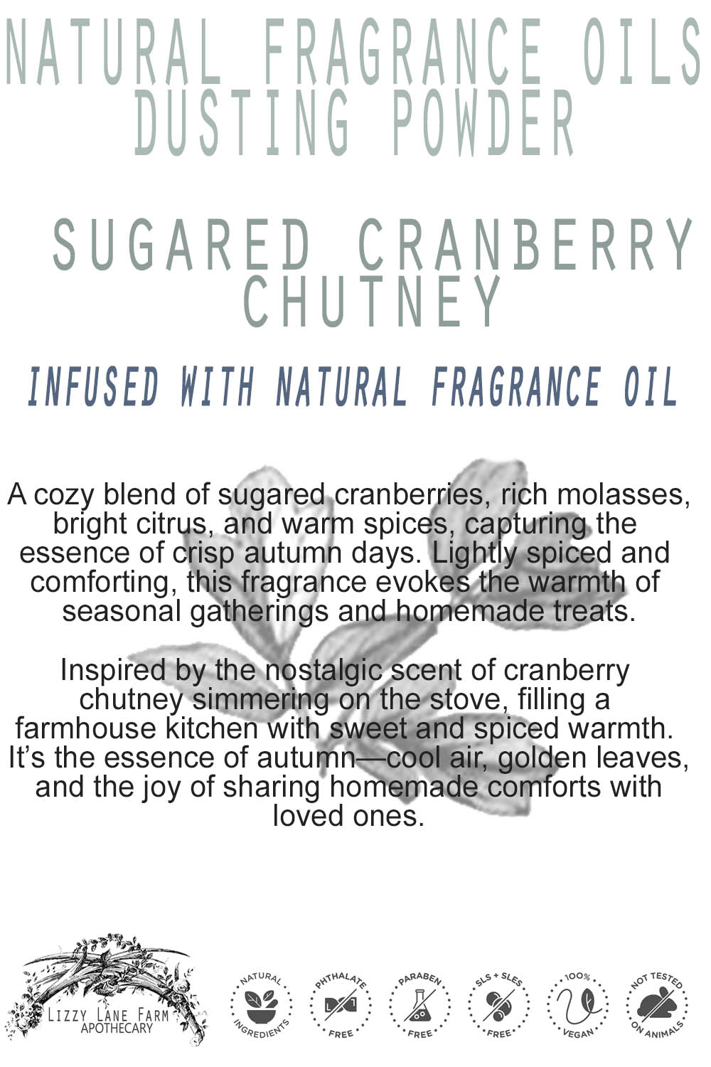 a product description and scent description of the body powder cranberry chutney