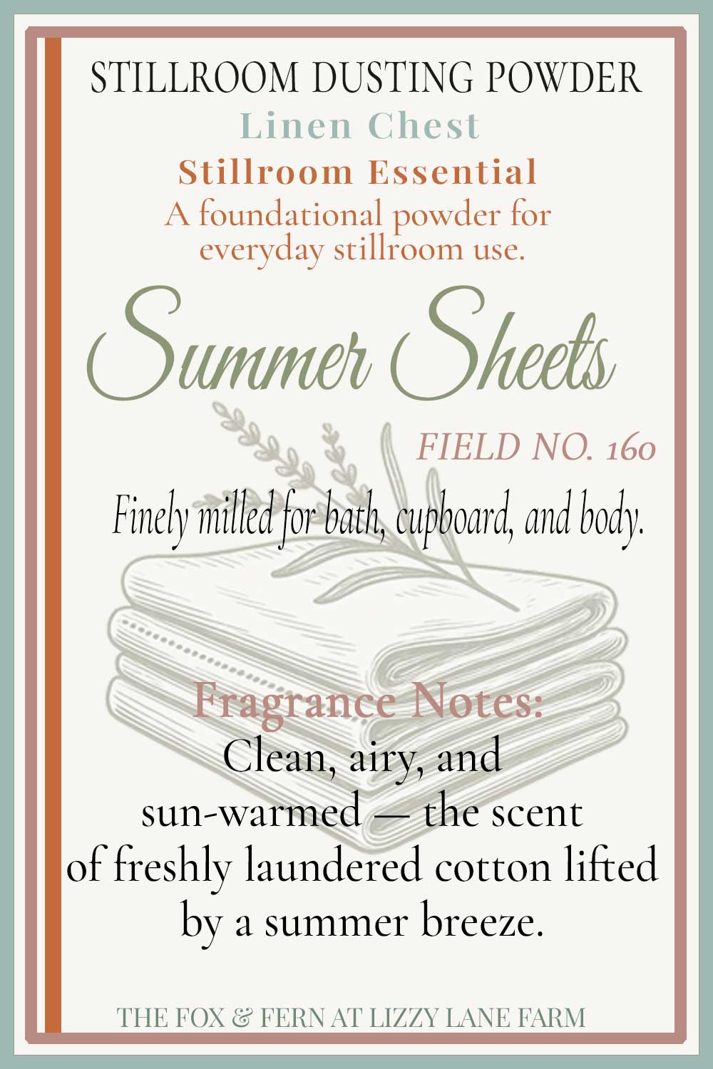 natural dusting powder- summer sheets hover card. part of the linen drawer collection at lizzy lane farm's stillroom powders.