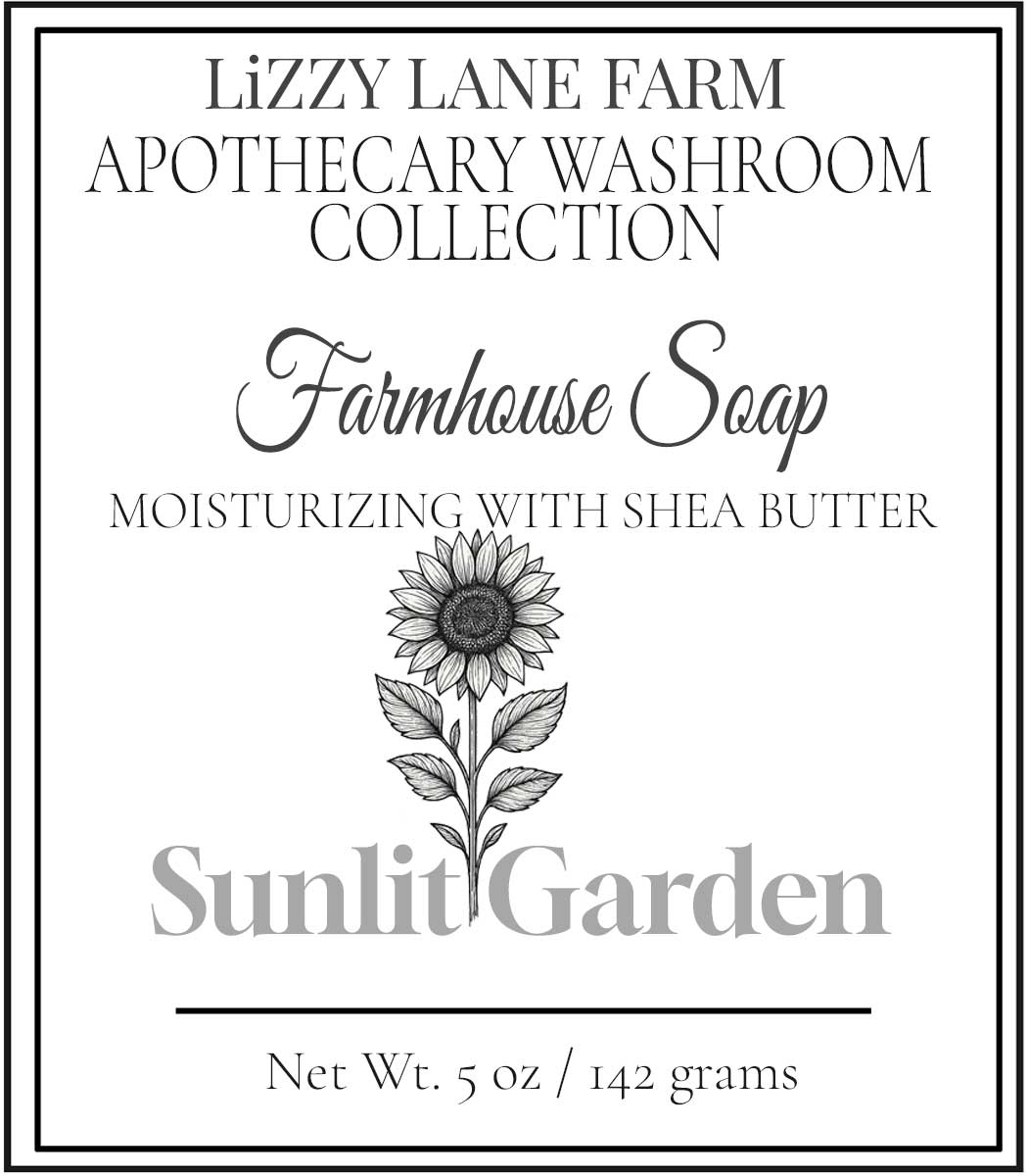 Hover card for Sunlit Garden soap from the Apothecary Washroom Collection. Features scent notes of sweet orange, ylang-ylang, lavender, and rose, with a short story about barefoot garden days and summer sunshine. Includes a sunflower-style line illustration and Lizzy Lane Farm branding.