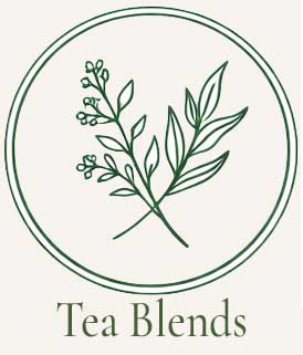 Green line-drawn icon of two crossed herb sprigs inside a circular frame, representing blended herbal teas.