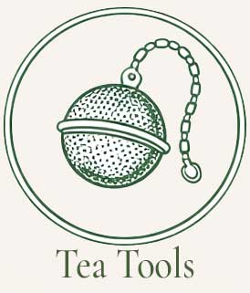 Green line-drawn icon of a tea ball infuser inside a circular frame, representing tea brewing tools.