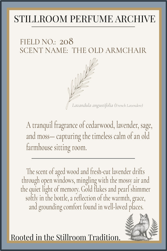 Perfume label for 'The Old Armchair' with text and botanical illustration.