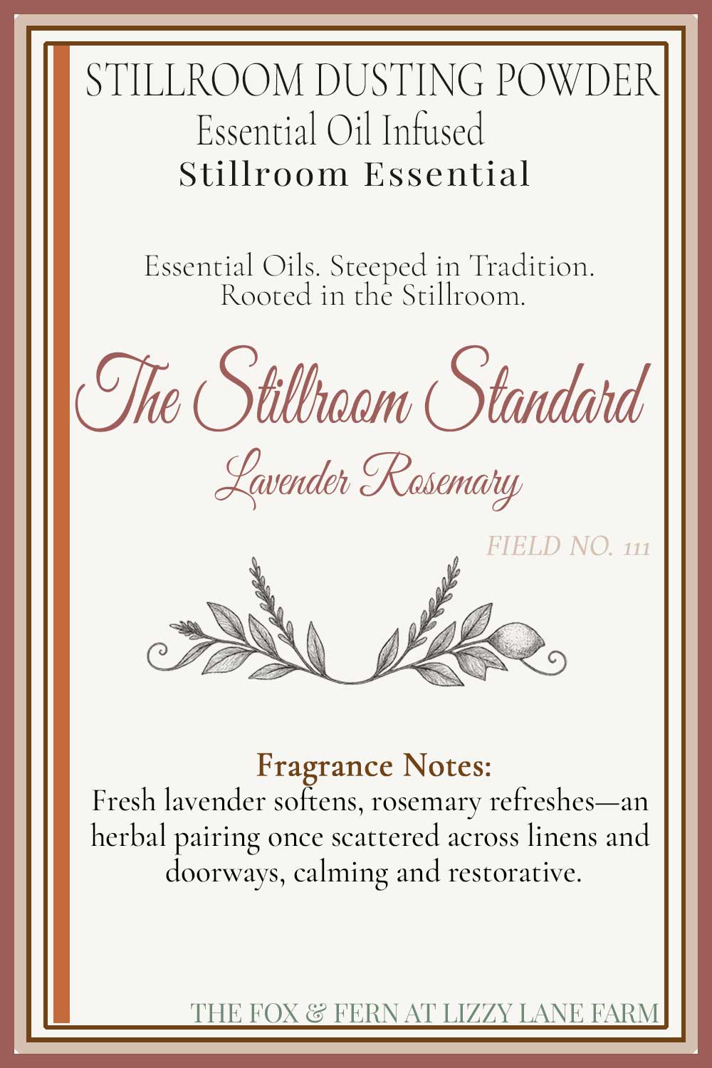 Product label for 'The Stillroom Standard Lavender Rosemary' dusting powder with branding and fragrance notes.