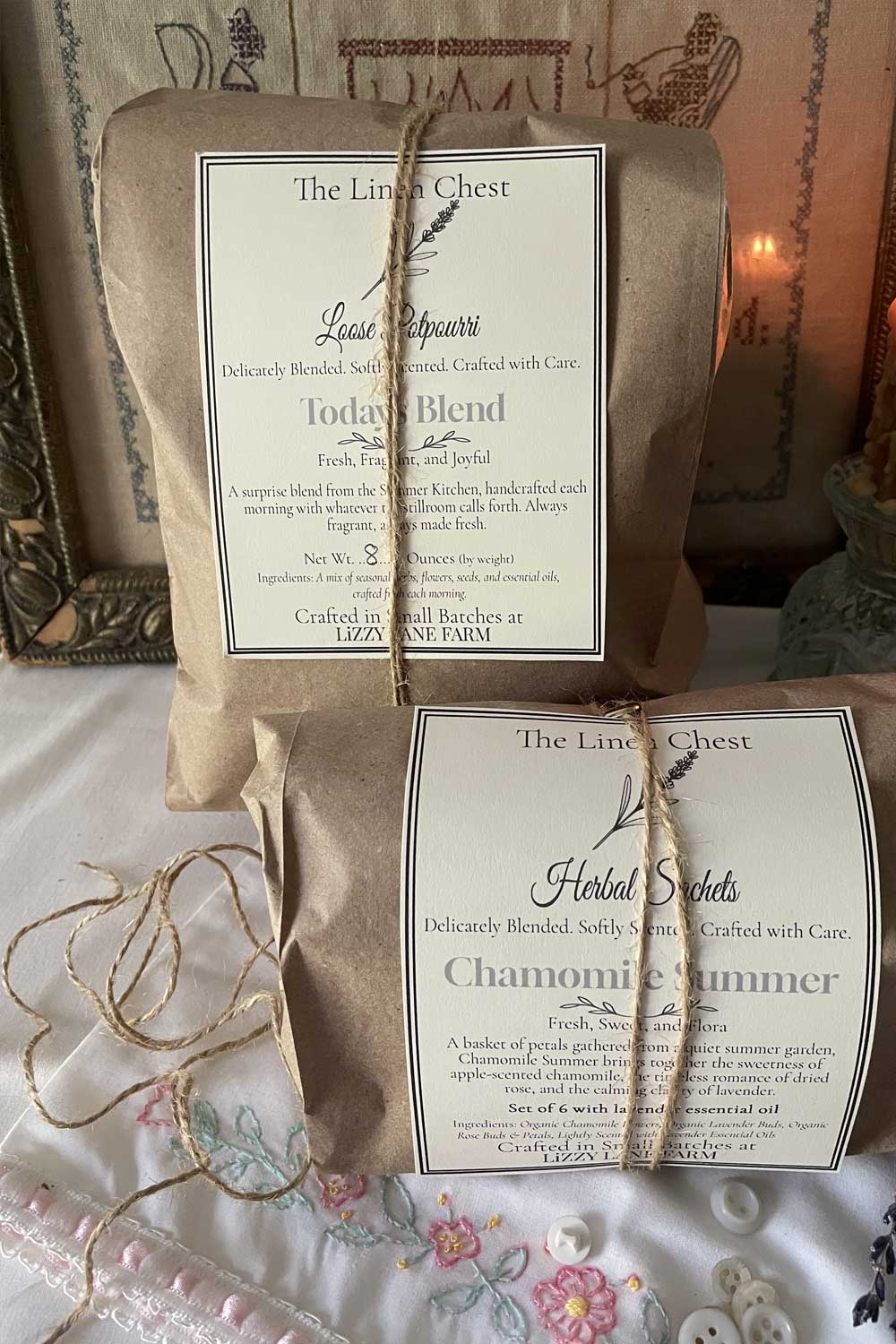 today's blend potpourri apothecary packaging resting next to a package of chamomile summer potpourri