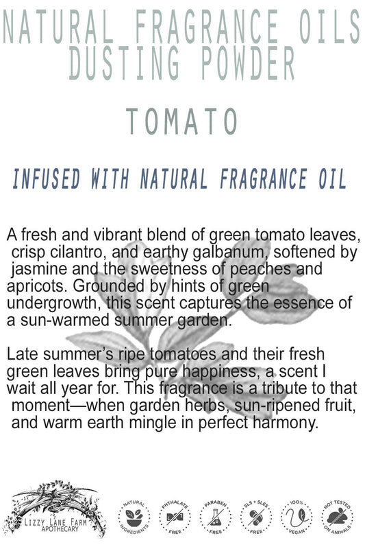 A beautifully designed product card rests beside a cluster of fresh tomatoes and fragrant herbs. The elegant script and botanical imagery reflect the essence of this bright, green, and garden-fresh fragrance.