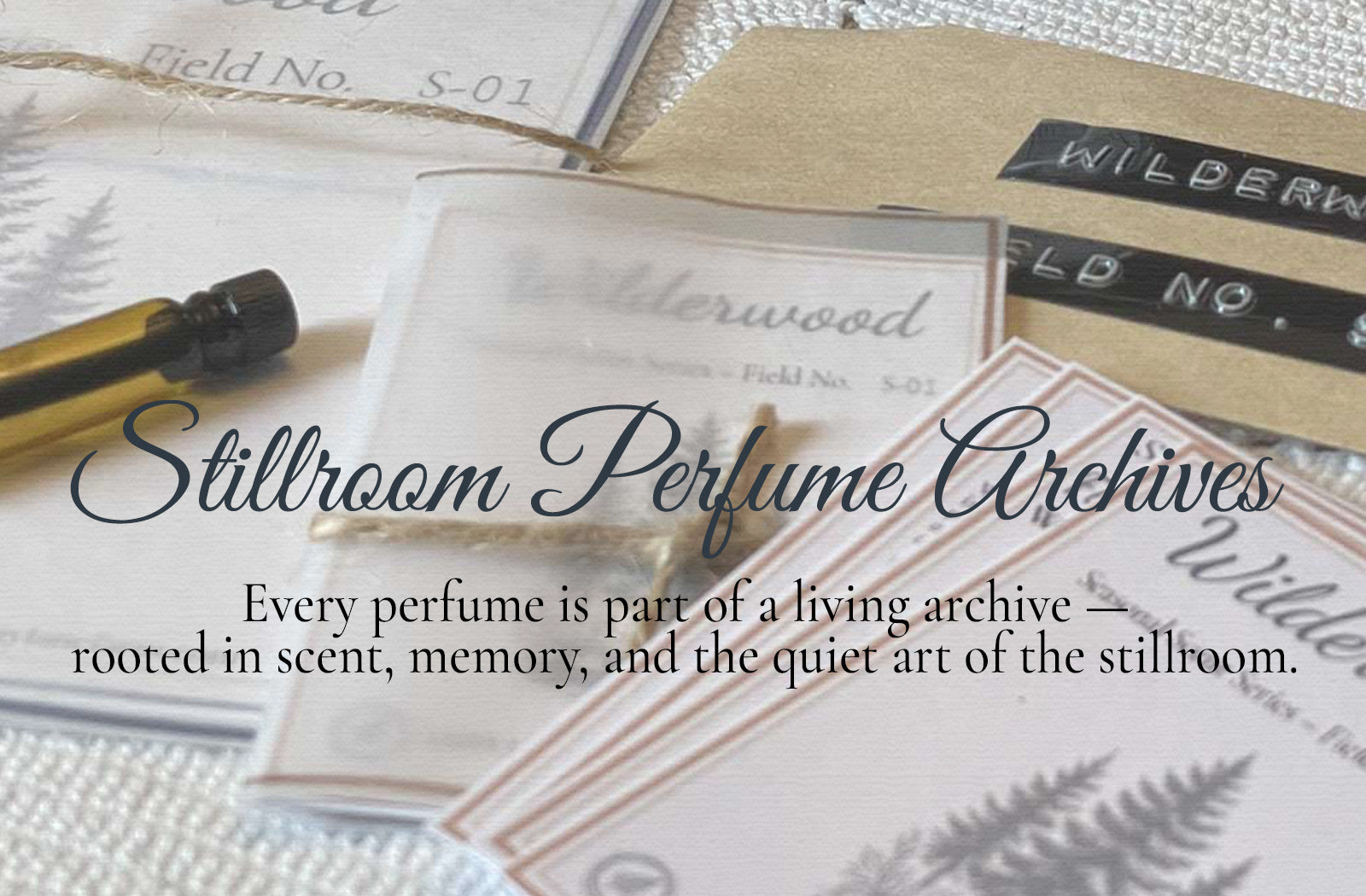 Stillroom Perfume Archive cards and perfume packaging displayed on a wooden table — a handcrafted collection of story-driven botanical perfumes inspired by memory, nature, and slow living
