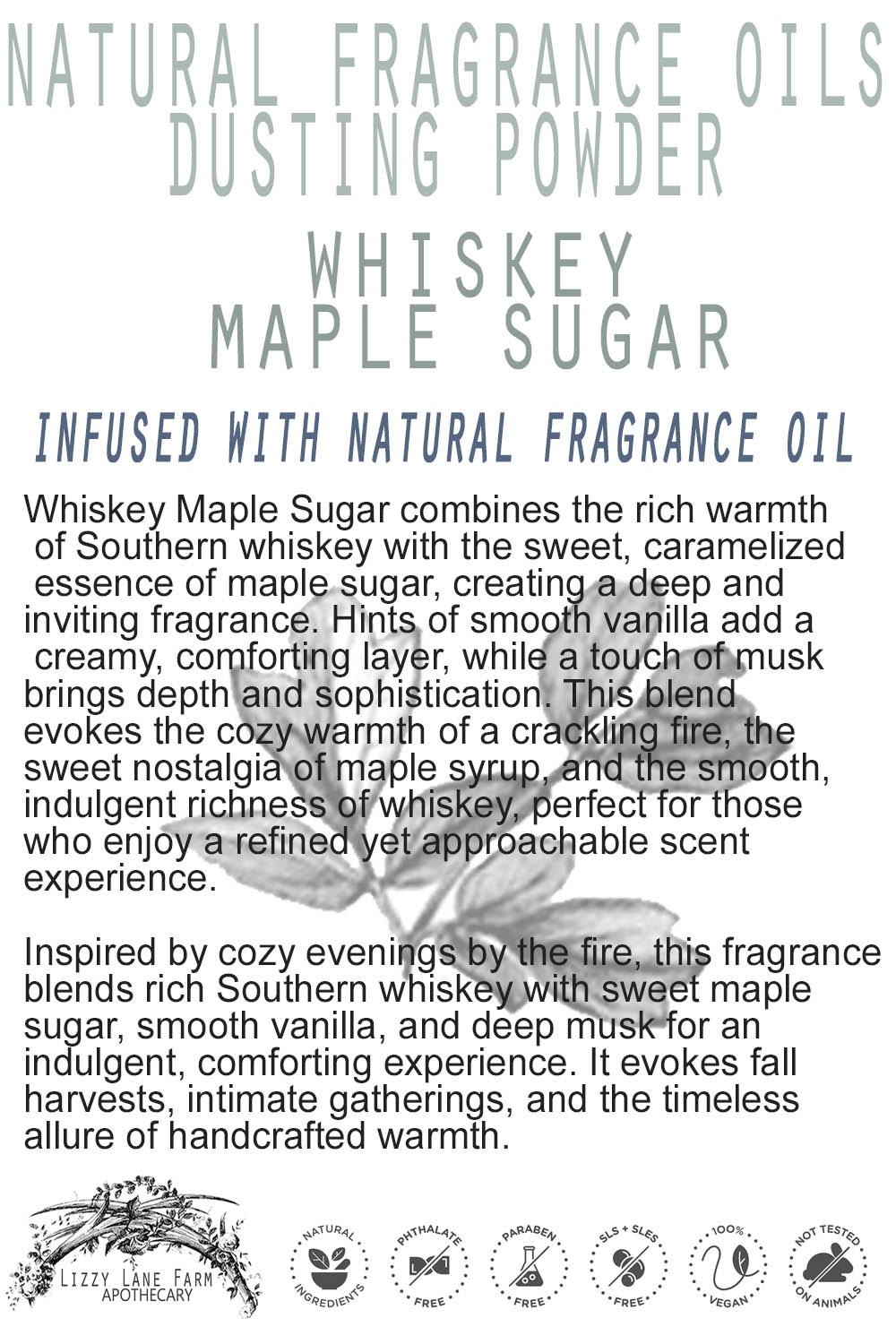 A vintage-inspired product card with rustic charm, featuring intricate illustrations of whiskey barrels, maple trees, and swirling autumn leaves. The soft, golden tones reflect the warmth and depth of the Whiskey Maple Sugar fragrance, making it an inviting and indulgent addition to any body care routine.