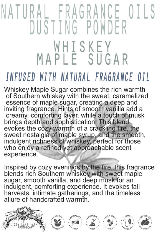 A vintage-inspired product card with rustic charm, featuring intricate illustrations of whiskey barrels, maple trees, and swirling autumn leaves. The soft, golden tones reflect the warmth and depth of the Whiskey Maple Sugar fragrance, making it an inviting and indulgent addition to any body care routine.