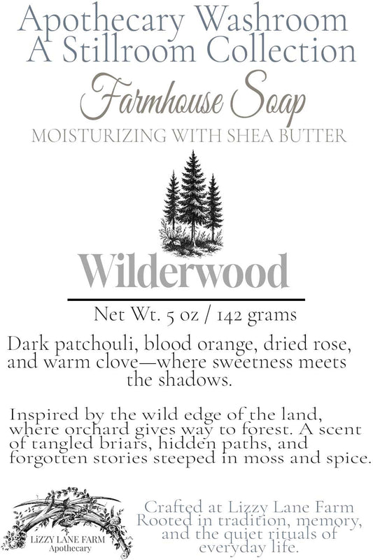 Hover card for Wilderwood soap from the Apothecary Washroom Collection. Includes scent notes of patchouli, clove, blood orange, and dried rose, with a story about forest edges and forgotten paths. Features a wild-inspired botanical line illustration and Lizzy Lane Farm branding.