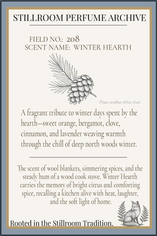 Stillroom Perfume Archive label for Winter Hearth scent with pine cone illustration.