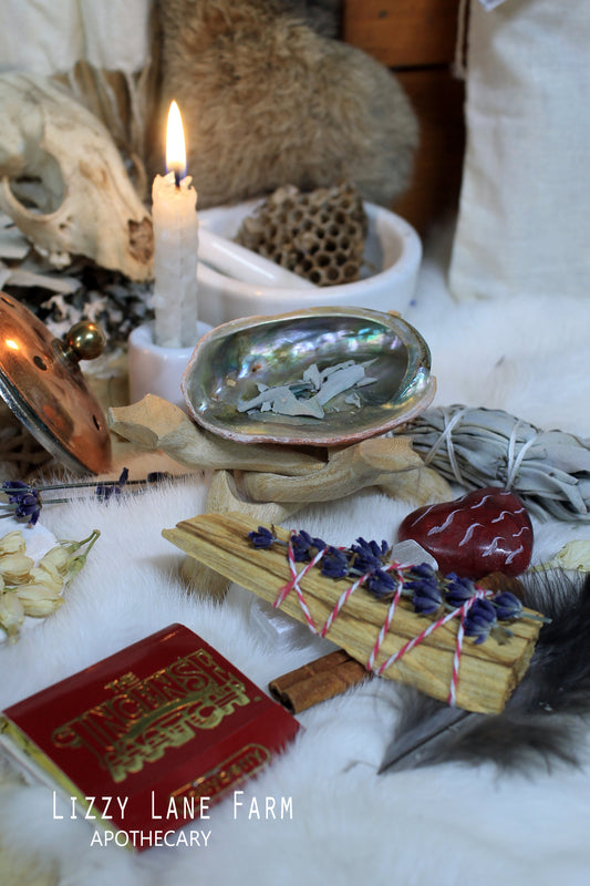 Travel Smudging Kit with Abalone Shell – A Gift of Calm for Home or Away | Little Comforts – Burn & Gift a view of all items included in this travel kit, abalone shell, palosanto, sage, carved stone heart,