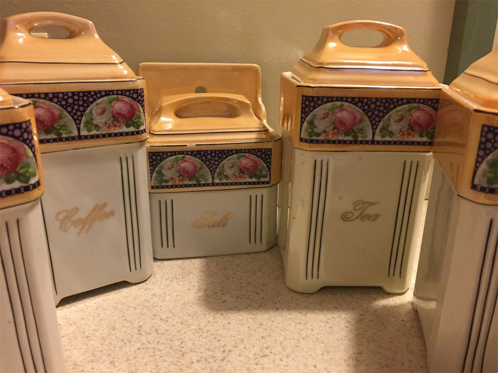 Mepoco Art Deco Caister Set, roses, mustard, German Porcelain Lusterware, 7 pc. - Lizzy Lane Farm Apothecary