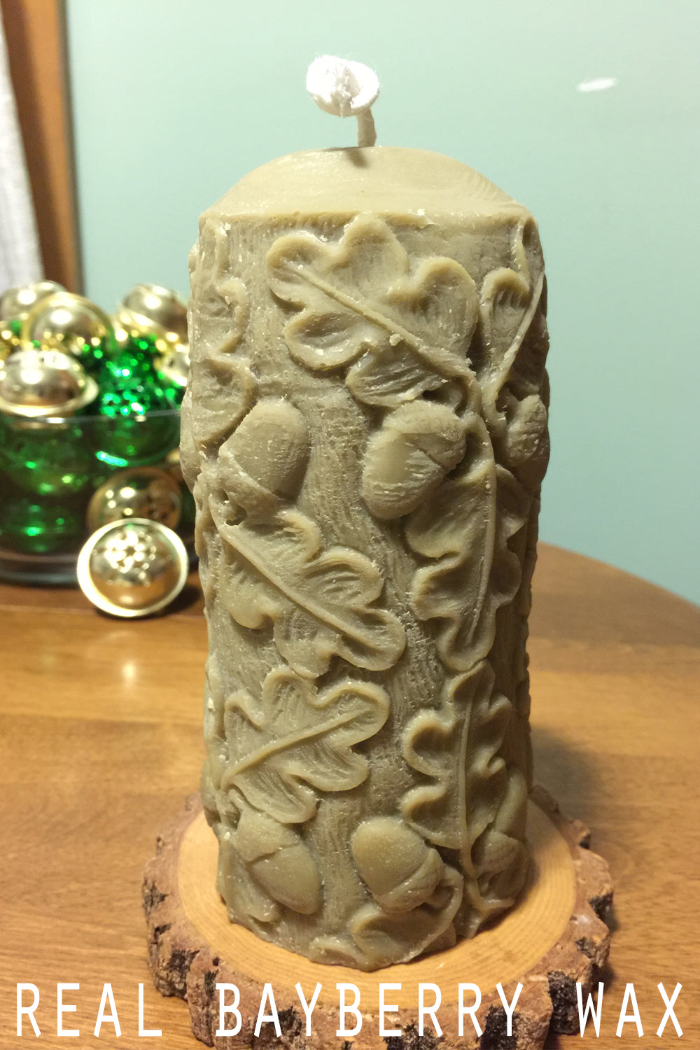 Genuine Bayberry Wax Pillar Candle- Oak leaves and acorns - Lizzy Lane Farm Apothecary