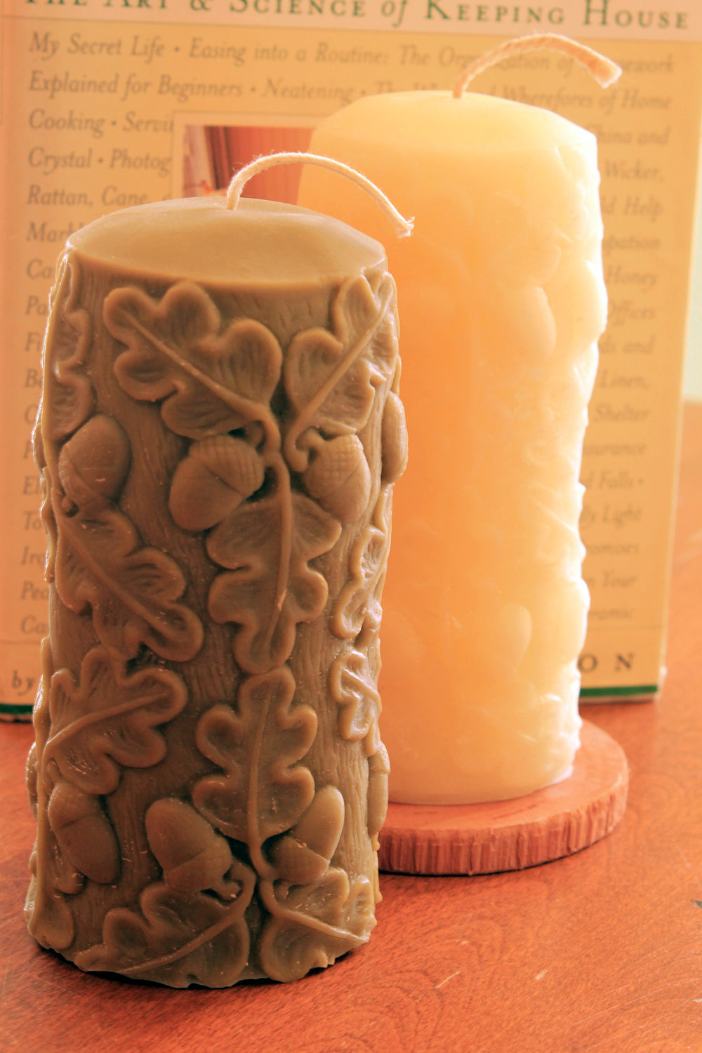 Genuine Bayberry Wax Pillar Candle- Oak leaves and acorns - Lizzy Lane Farm Apothecary