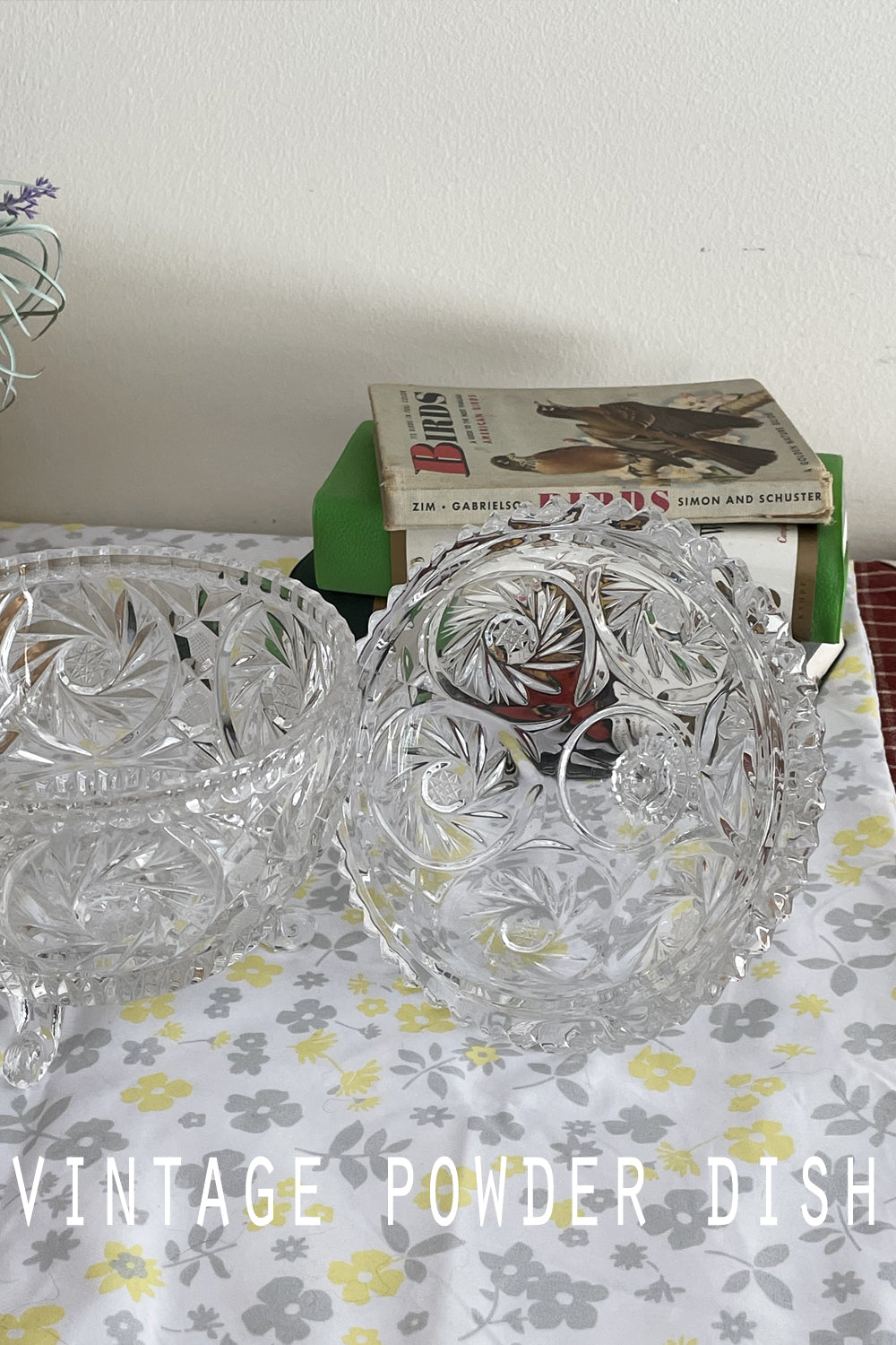 Close-up of lead crystal powder dish lid with detailed cut design, sparkling in the light.