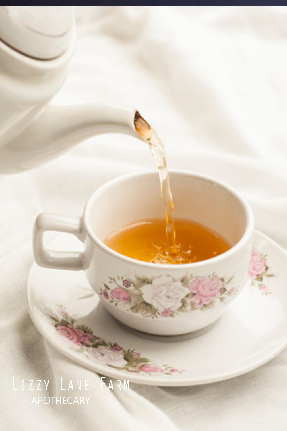 A vintage china tea cup and saucer with hot Calendula tea being poured from a matching vintage tea pot, showcasing the delicate golden color of the tea and the soothing, anti-inflammatory benefits of Calendula petals in a warm, calming beverage.