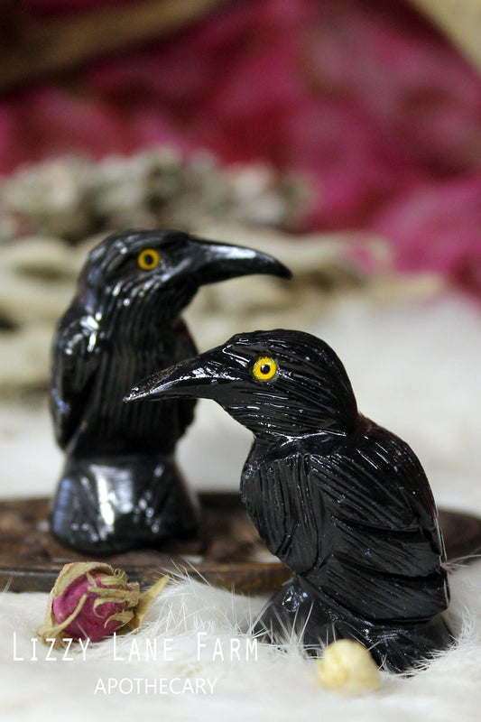 A hand-carved black onyx (dolomite) crow perched on a wooden surface near seed packets and vintage tools. Small and sculptural with natural polish.
