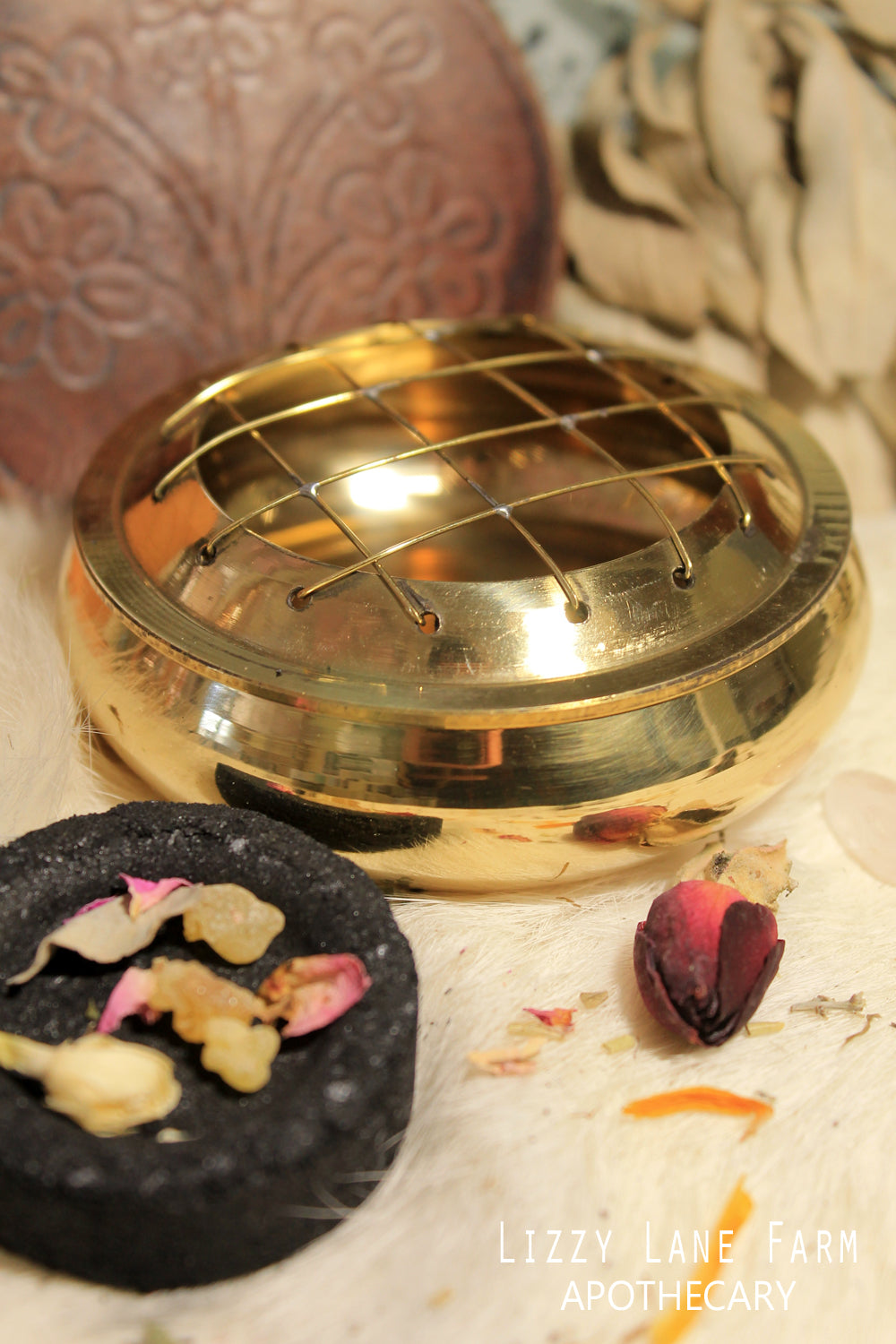 Brass Charcoal Burner with Wooden Flower Coaster 