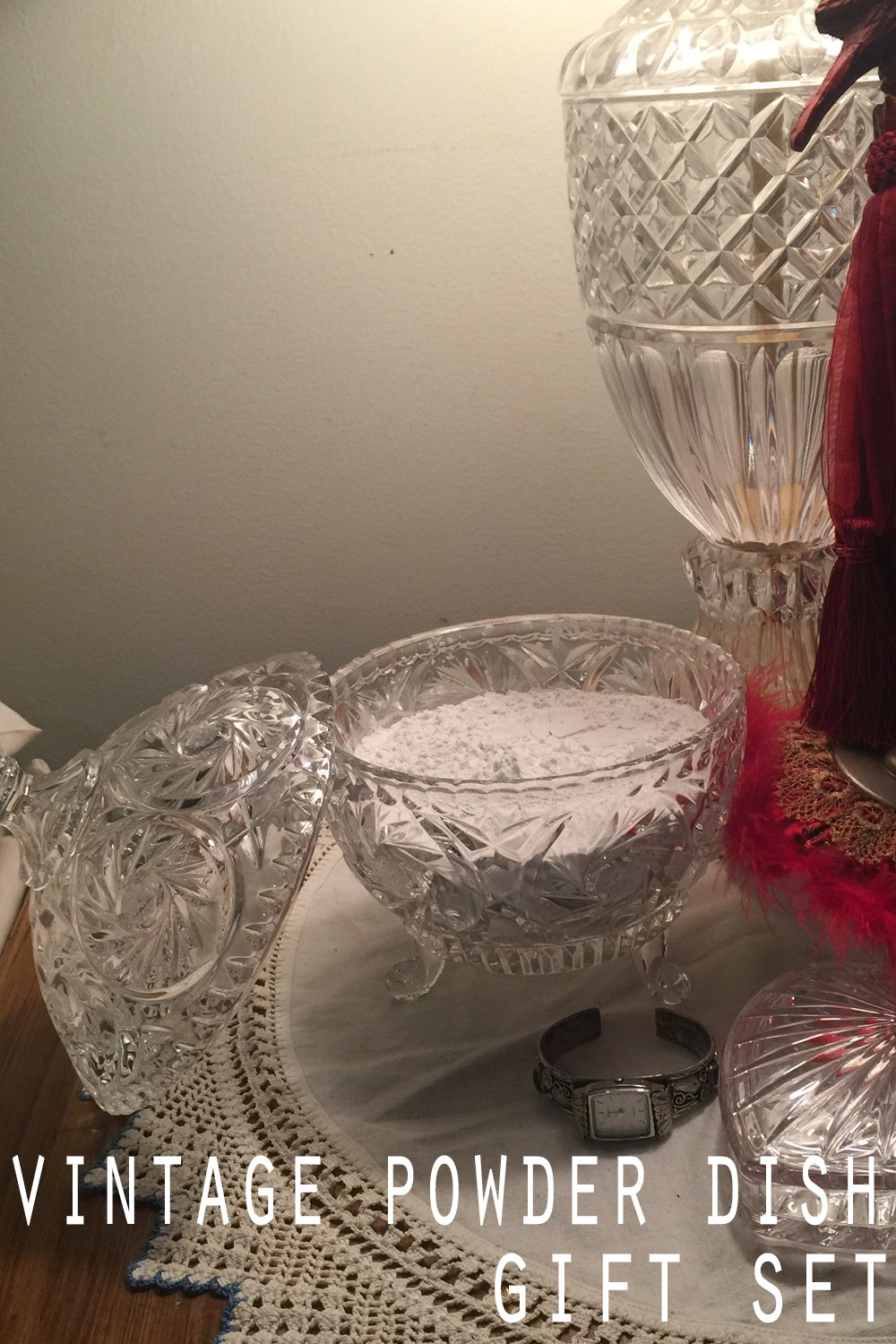 Vintage Vanity Powder Jar Gift Set, Large Cut Crystal Covered Powder Dish - Lizzy Lane Farm Apothecary
