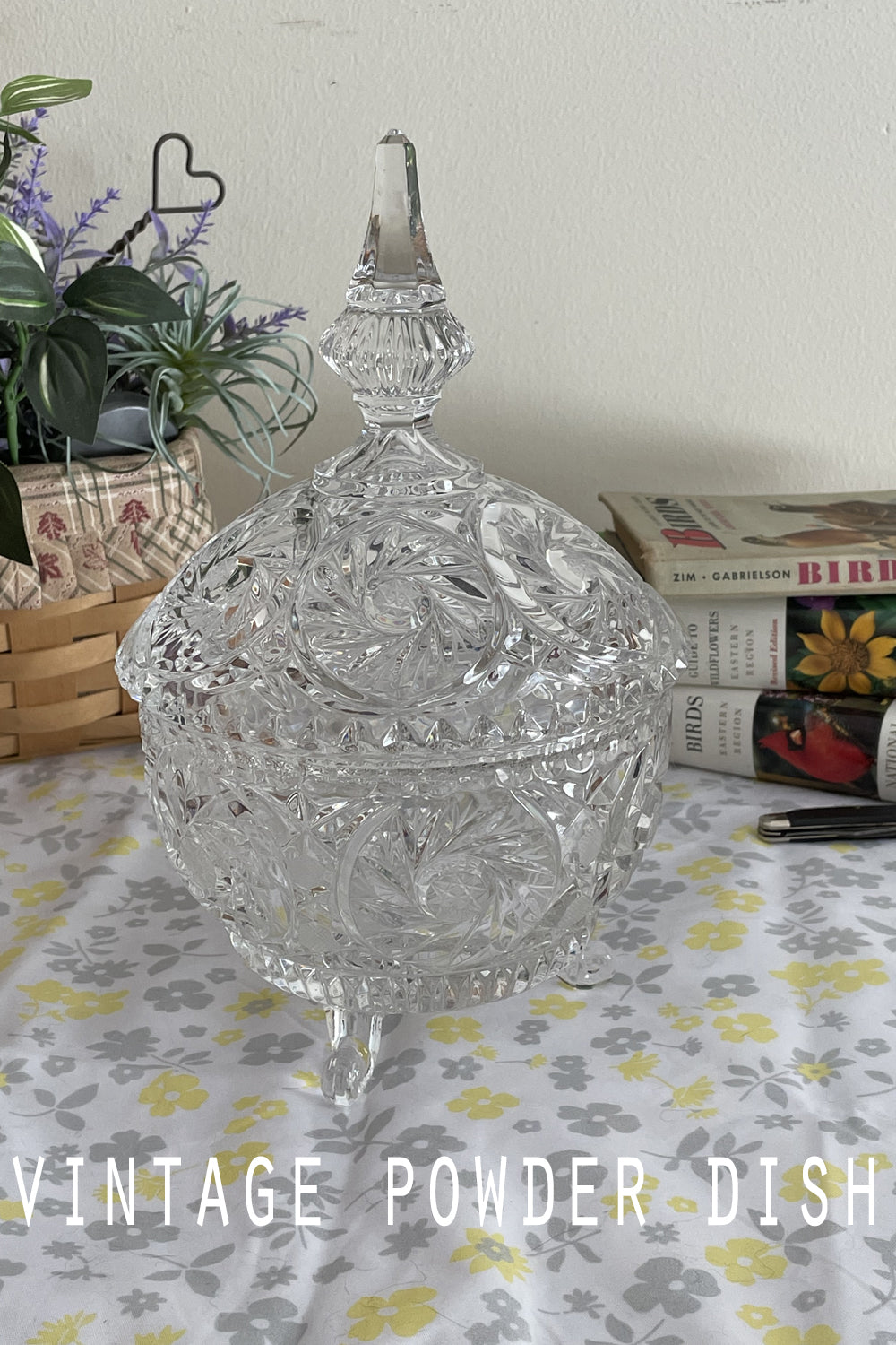 Vintage Vanity Powder Jar Gift Set, Large Cut Crystal Covered Powder Dish