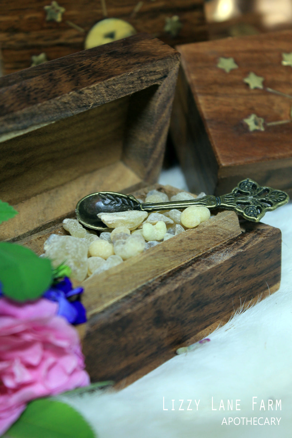 Open wooden brass inlay box with Frankincense resin and petite incense spoon. The intricate brass inlay details add elegance to the box, showcasing the resin ready for your daily ritual