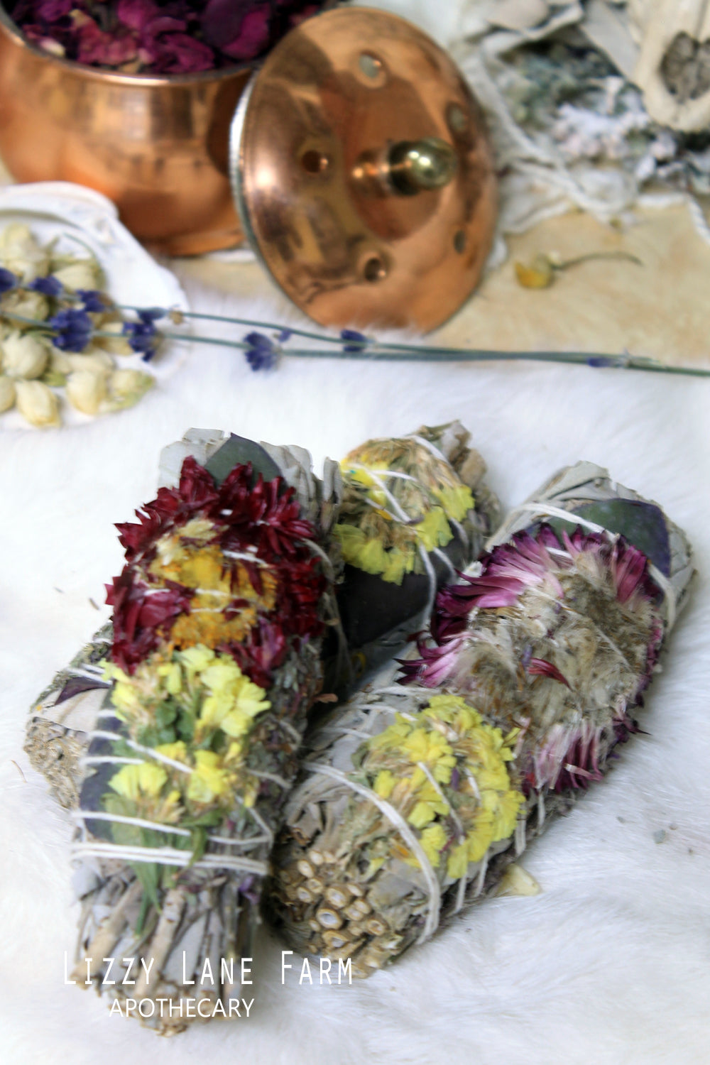 nmountain sage and copal infused herb bundle close up showing the dried flowers