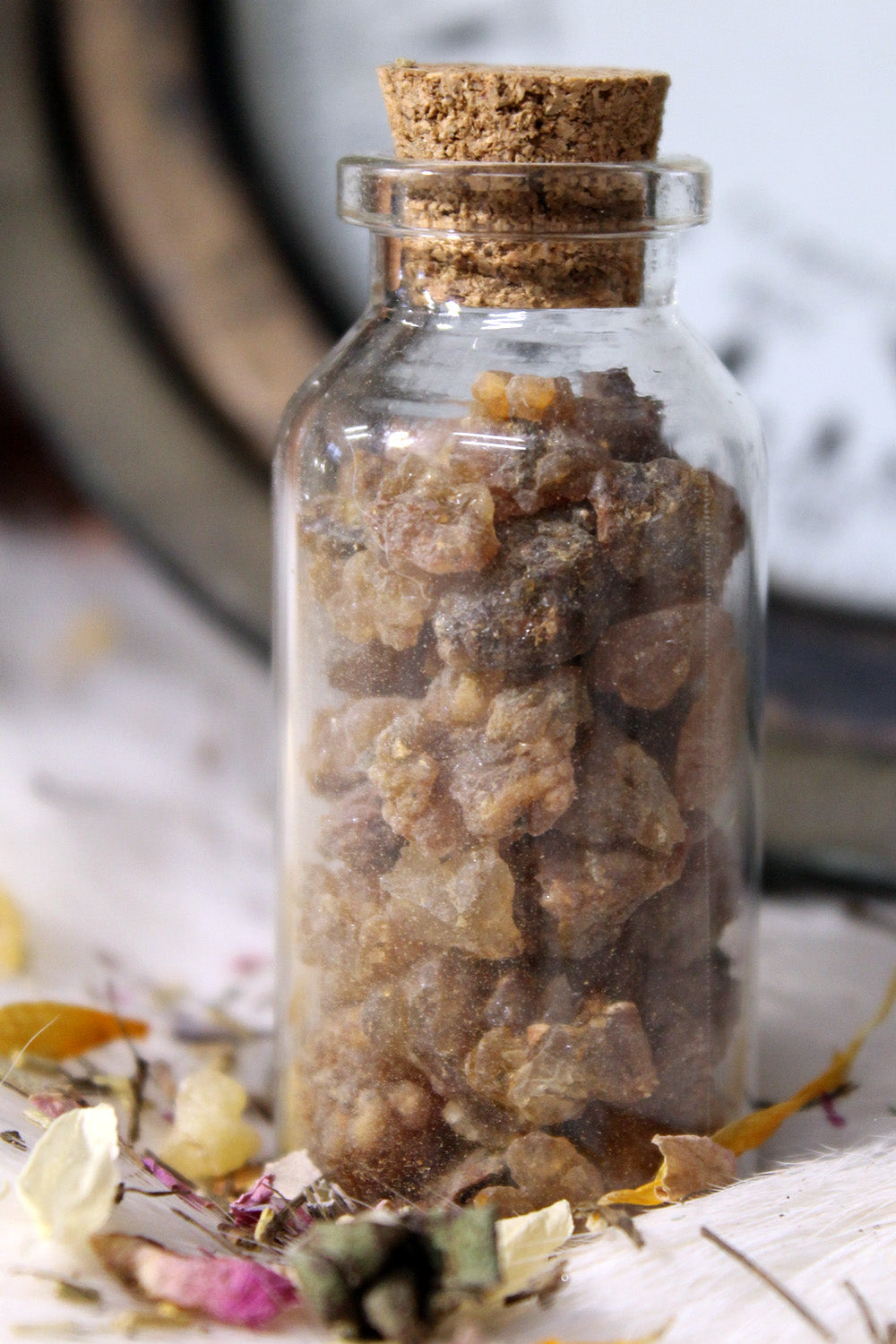 Myrrh resin in apothecary bottle