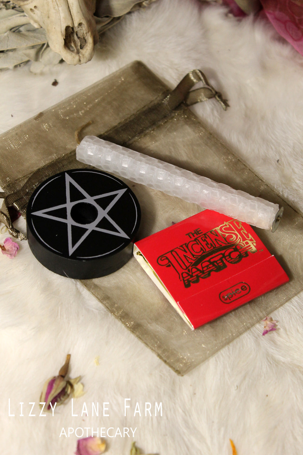 Candle Magic Mini Set | Hand-rolled Beeswax Pentagram Ritual Candle Set with Candle Holder, Incense Matches