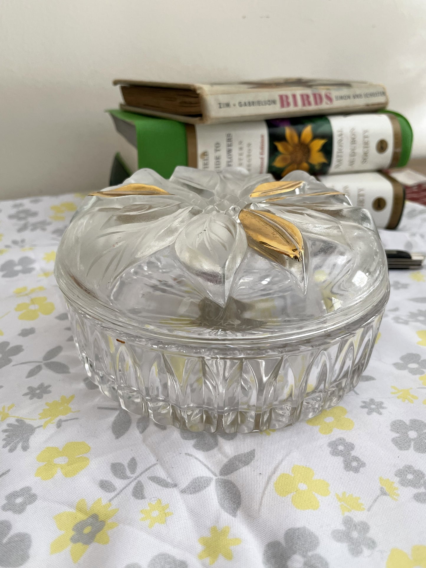 vintage covered powder dish, poinsettia-- gift set covered powder dish, organic dusting powder and handmade powder puff