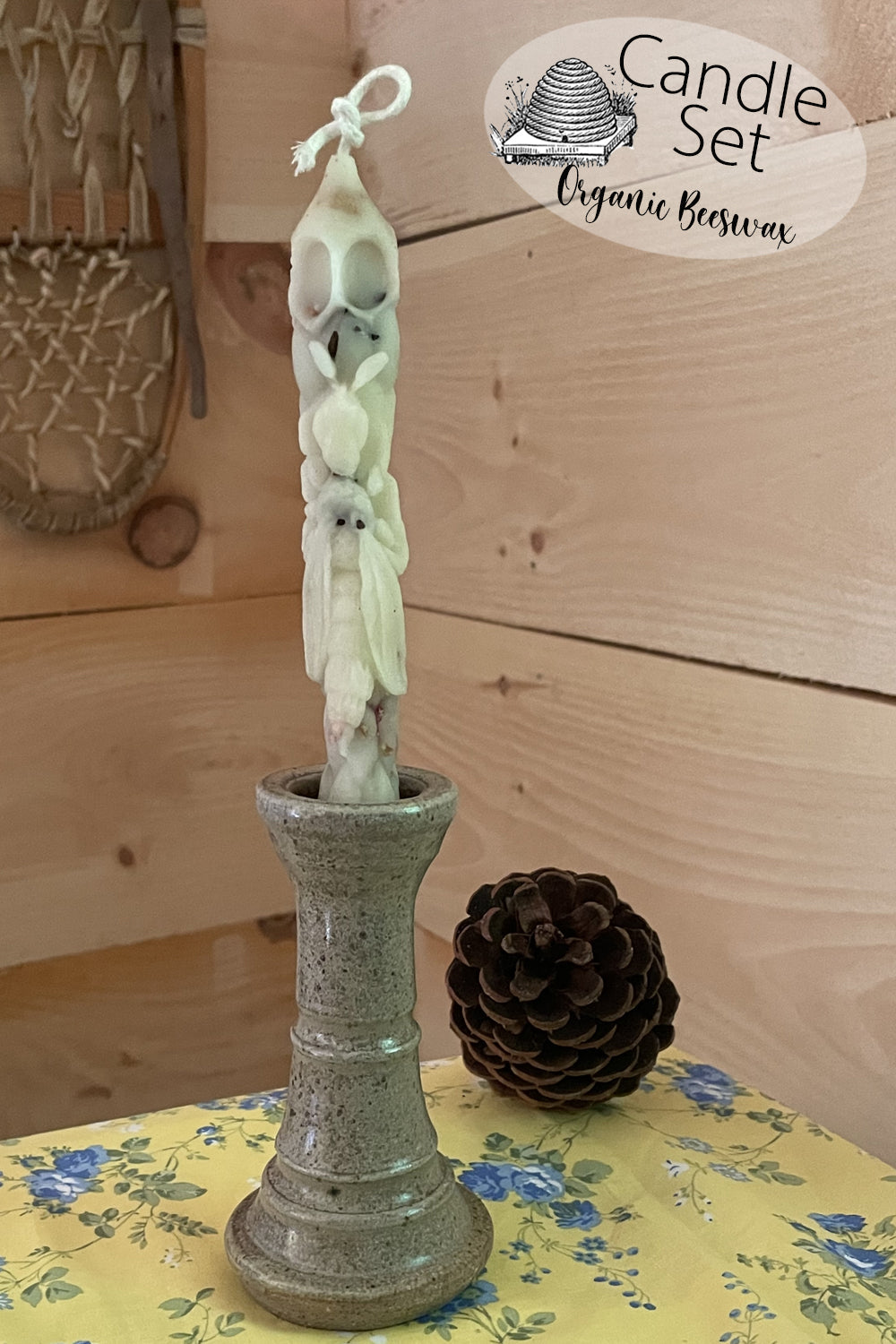 candlestick set- pottery candle stick and hand poured beeswax candle