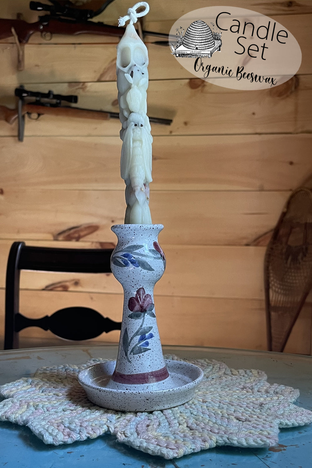 candlestick set- pottery candle stick and hand poured beeswax candle