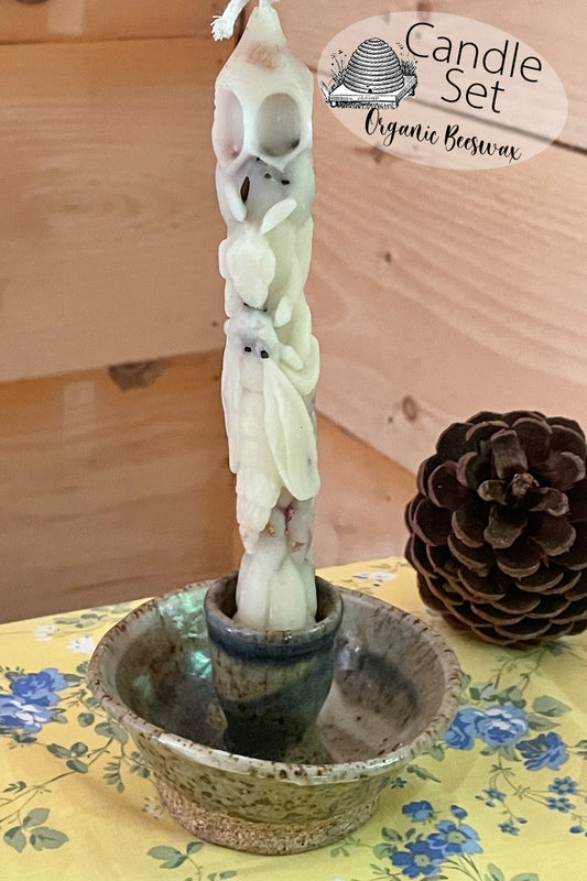 Pottery Salt Glazed Candlestick Set- candlestick and beeswax candle
