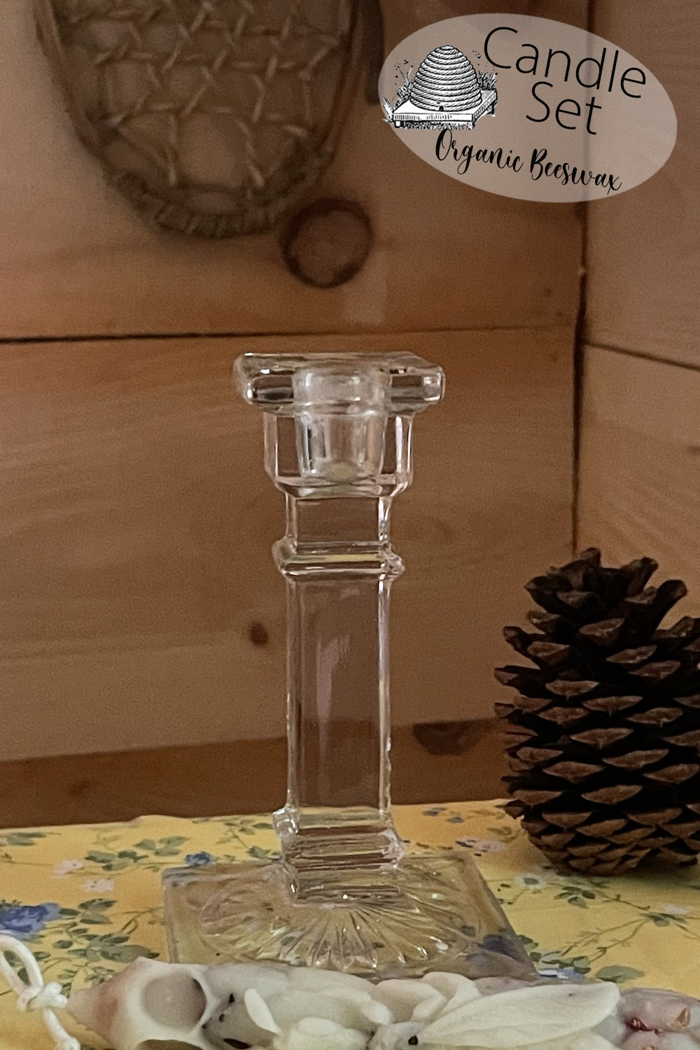 pressed glass vintage candle stick holder and beeswax candle