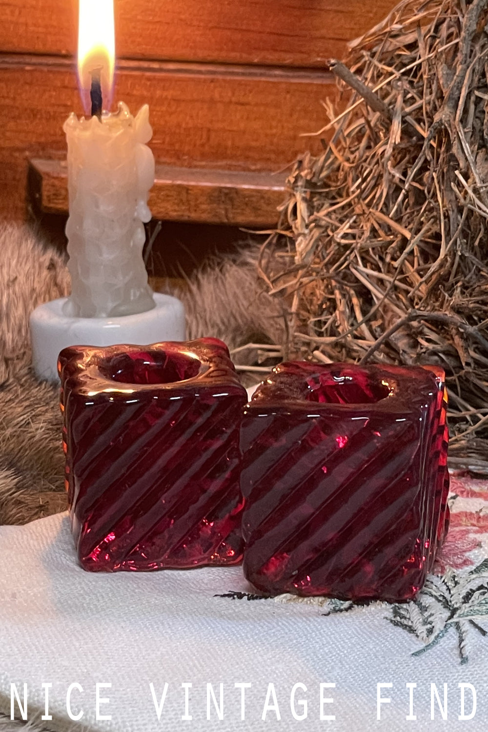 vintage ruby red mini candle holder set