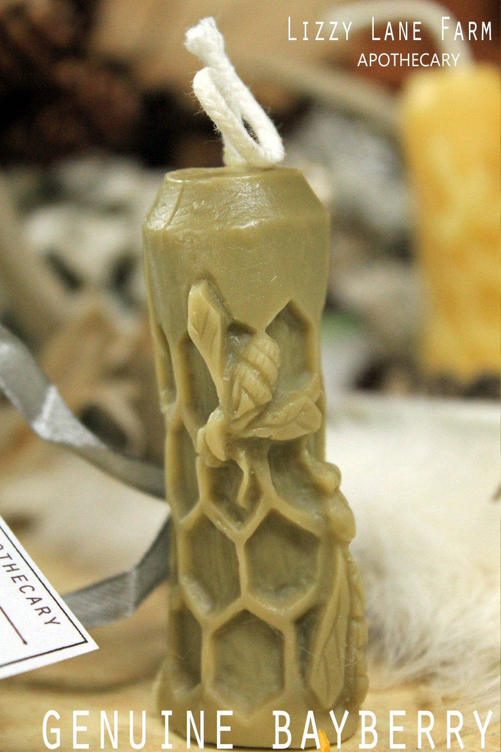 Bayberry Pillar CandleBees on hive Taper Candle, Real Bayberry Wax