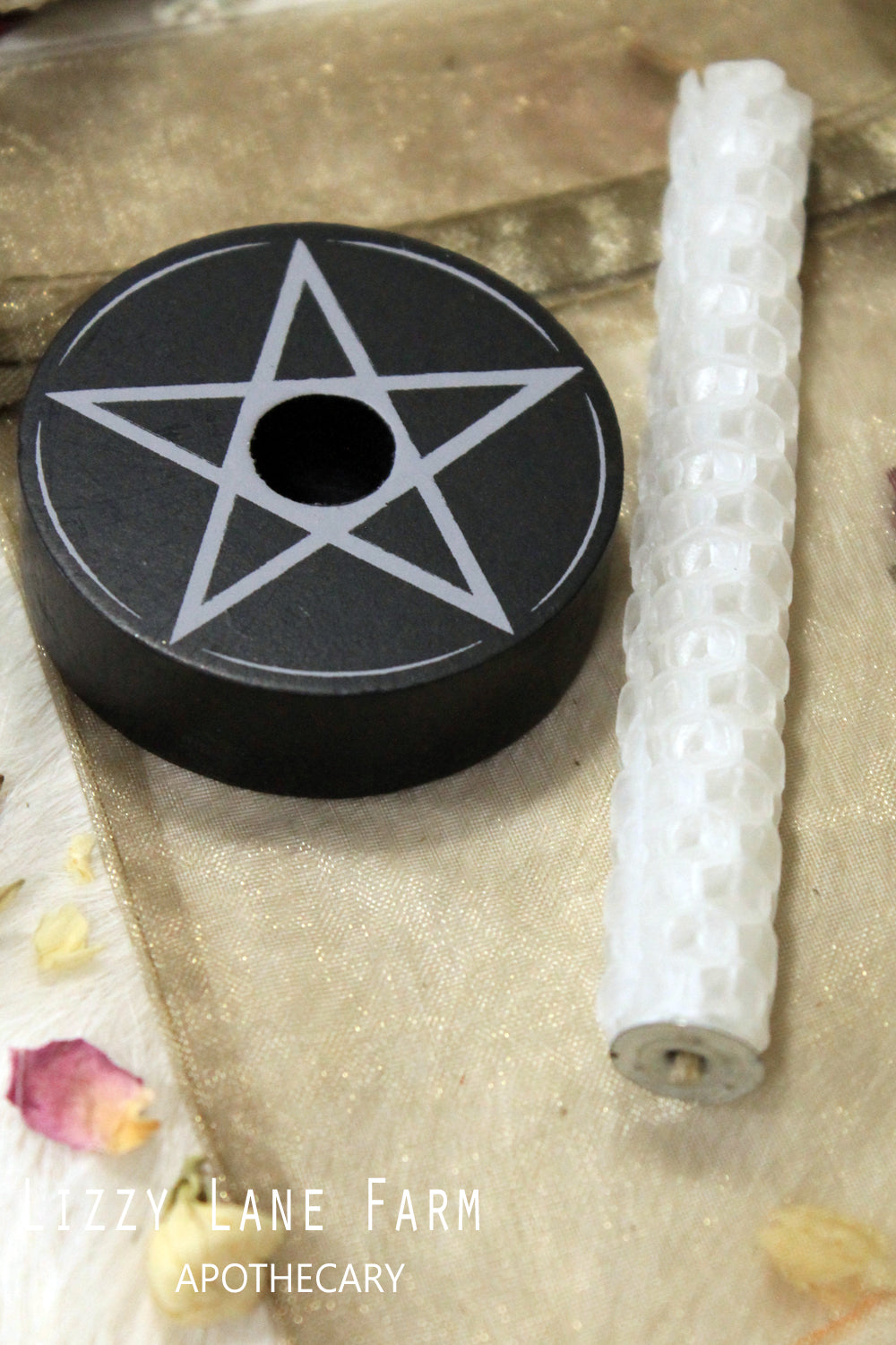 Candle Magic Mini Set | Hand-rolled Beeswax Pentagram Ritual Candle Set with Candle Holder, Incense Matches