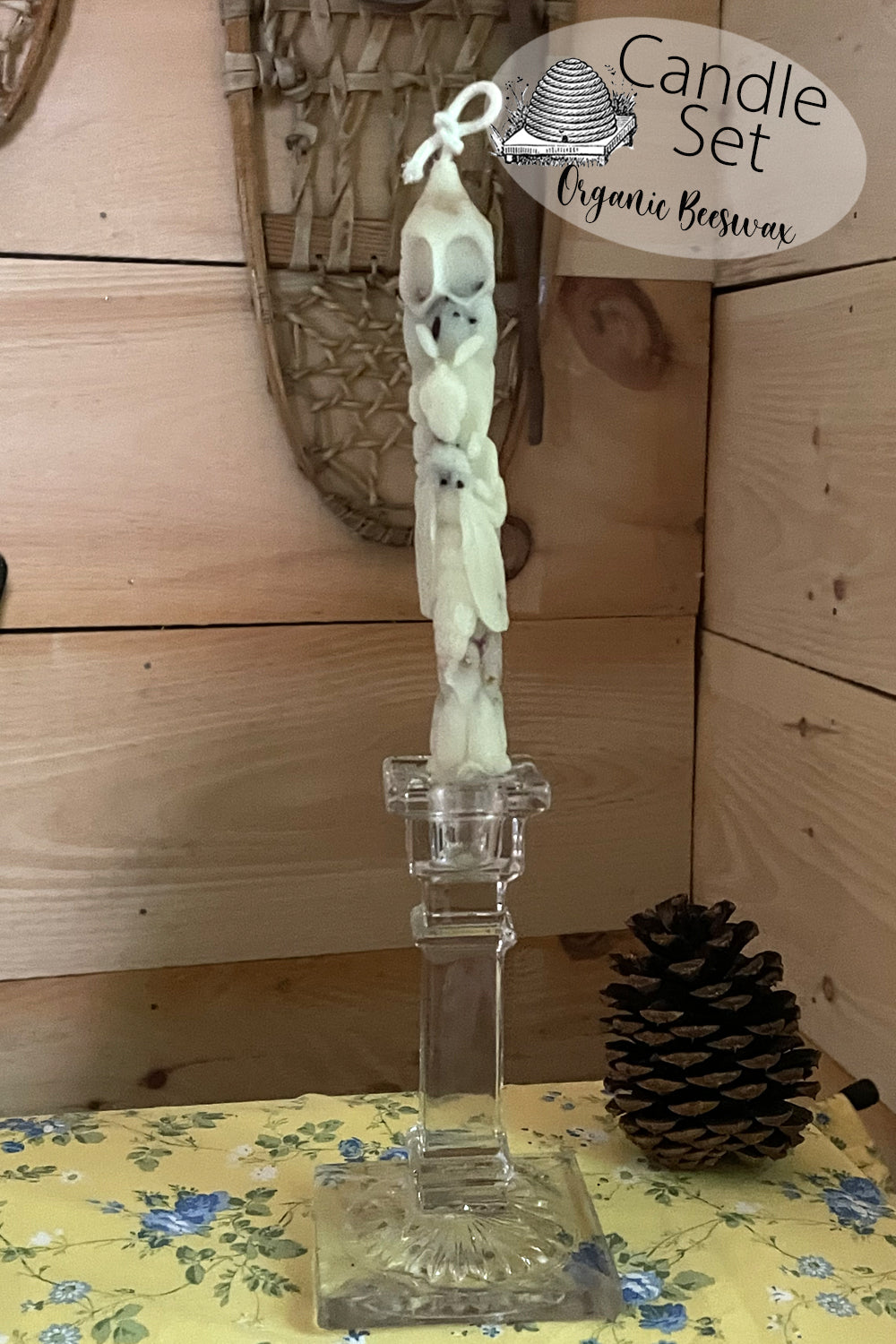 pressed glass vintage candle stick holder and beeswax candle