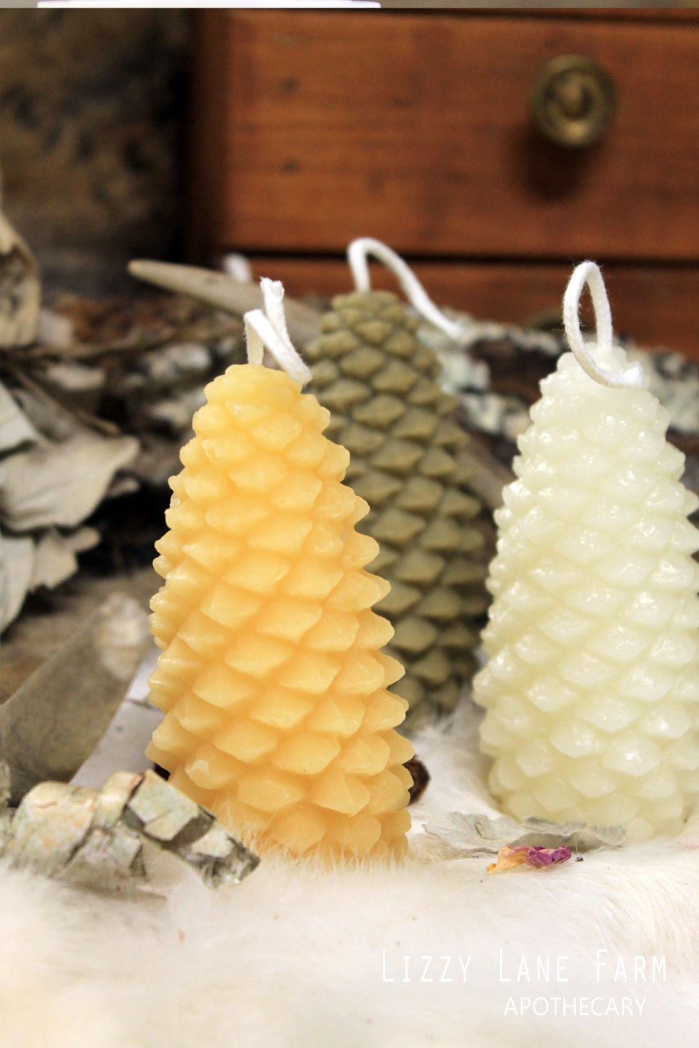bayberry candle, pine cone trio