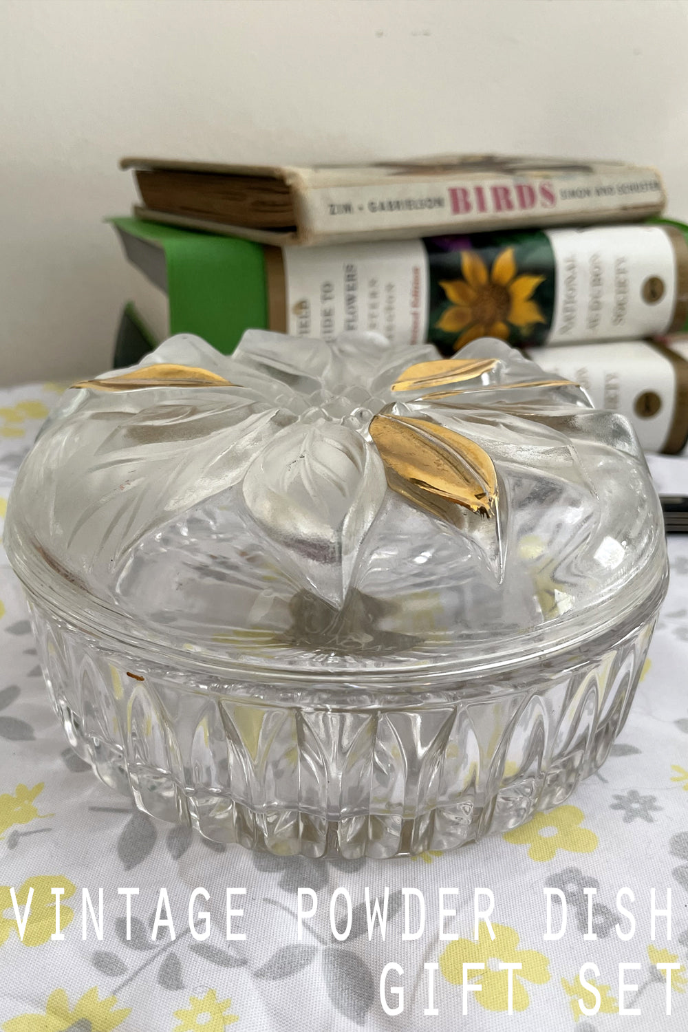 vintage covered powder dish, poinsettia-- gift set covered powder dish, organic dusting powder and handmade powder puff