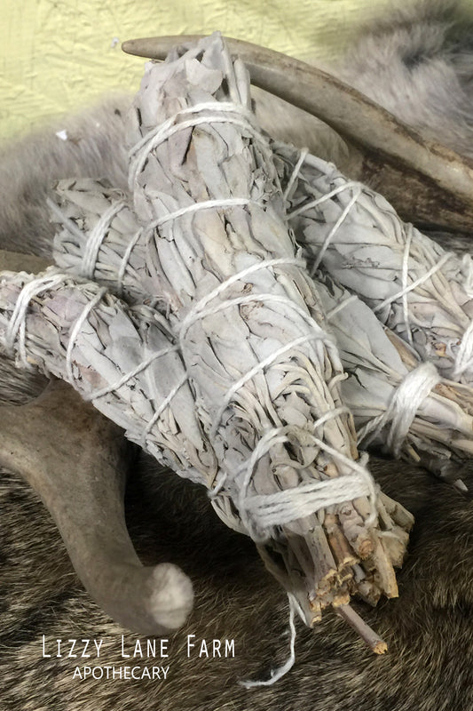 A white sage smudge bundle wrapped with twine, resting on fur and dried herbs. Sage leaves are pale, full, and naturally textured under soft light.
